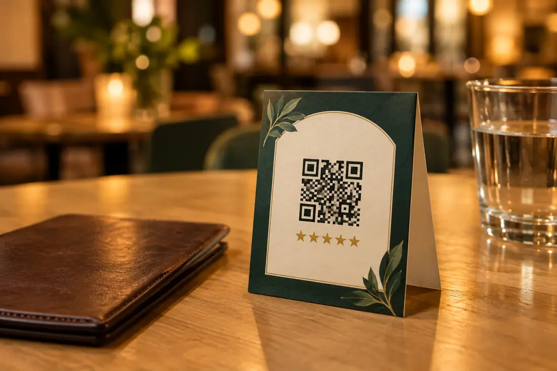 A green fold-up QR code table card on a restaurant table